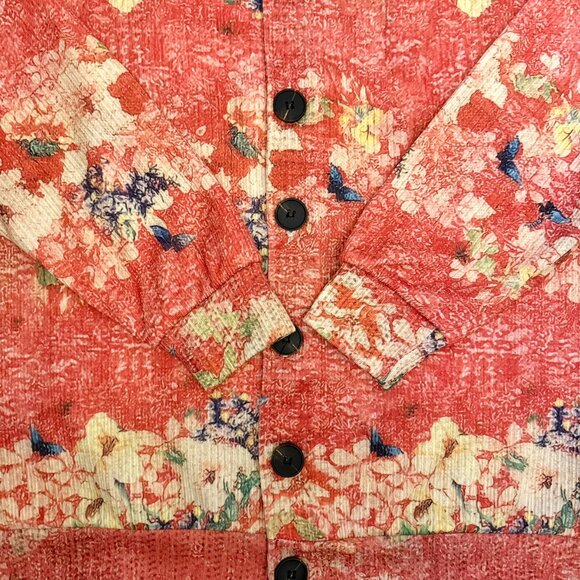 Floral Cardigan Size L Pink Orange Butterfly Garden Button Front Layer Top - Picture 4 of 11